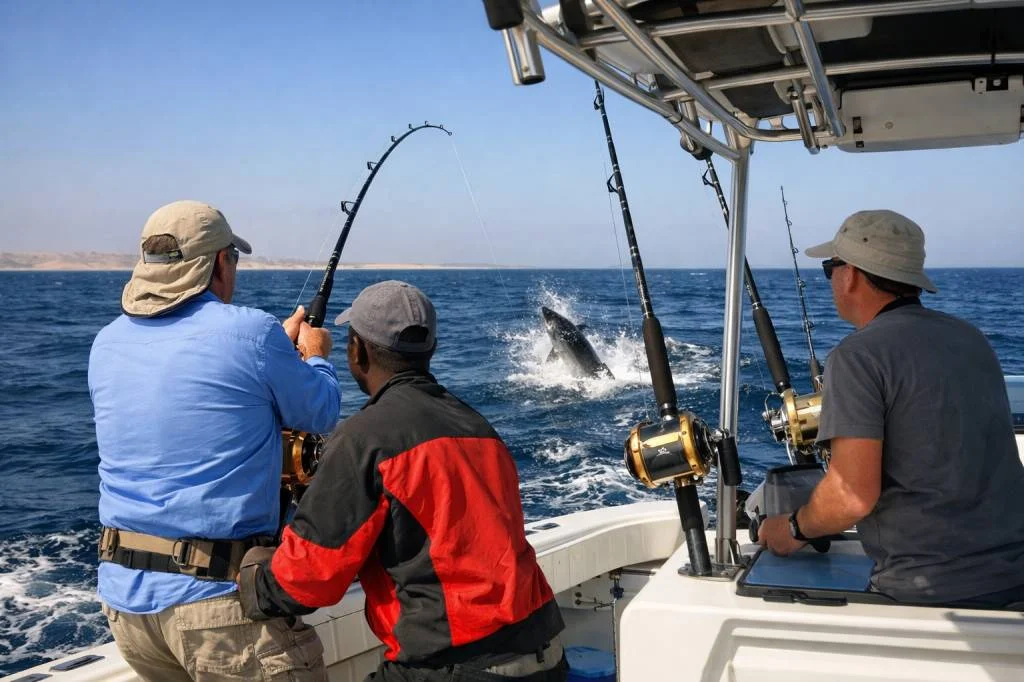 a fisherman on a boat catching a big fish