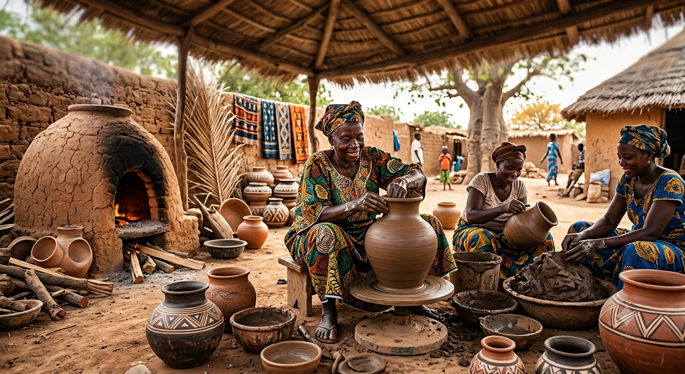 a group of women making handmade pottery